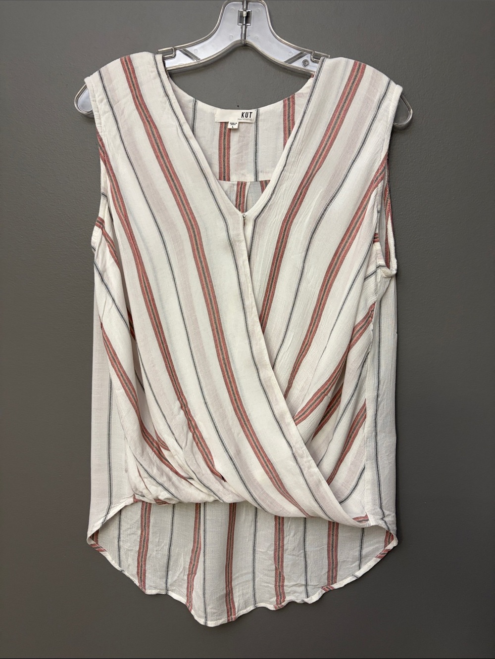 Kut from the Kloth Cream Sleeveless Wrap-Front Top with Rust and Gray Stripes L